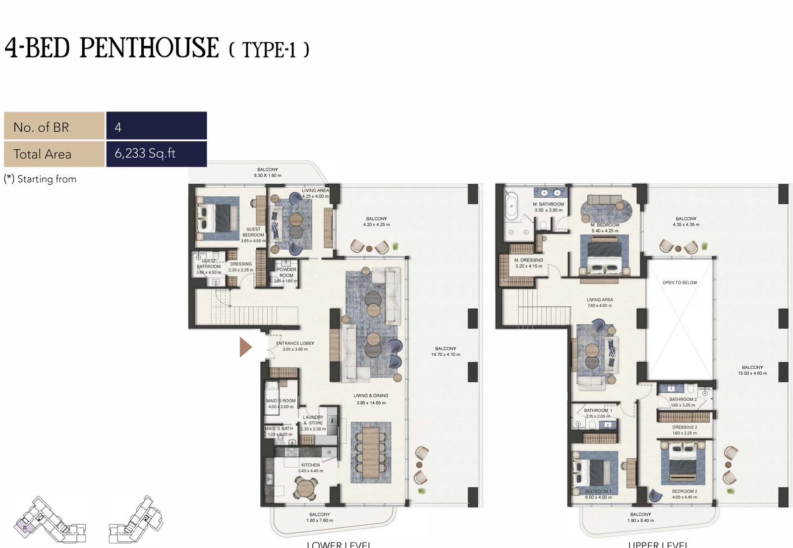 Seamont Autograph Collection Residences 4-bedroom Type 1 penthouse lower and upper level floor plans, 6,233 sq ft.