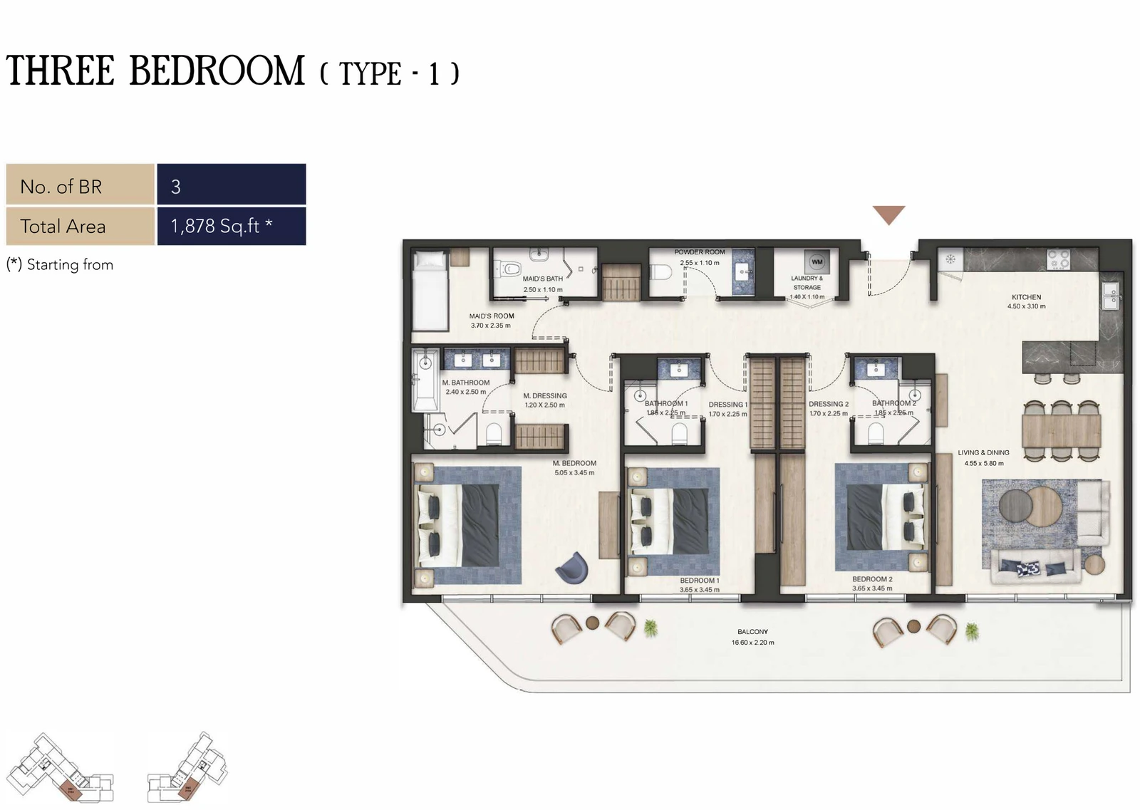 Seamont Autograph Collection Residences 3-bedroom Type 1 apartment floor plan, 1,878 sq ft.