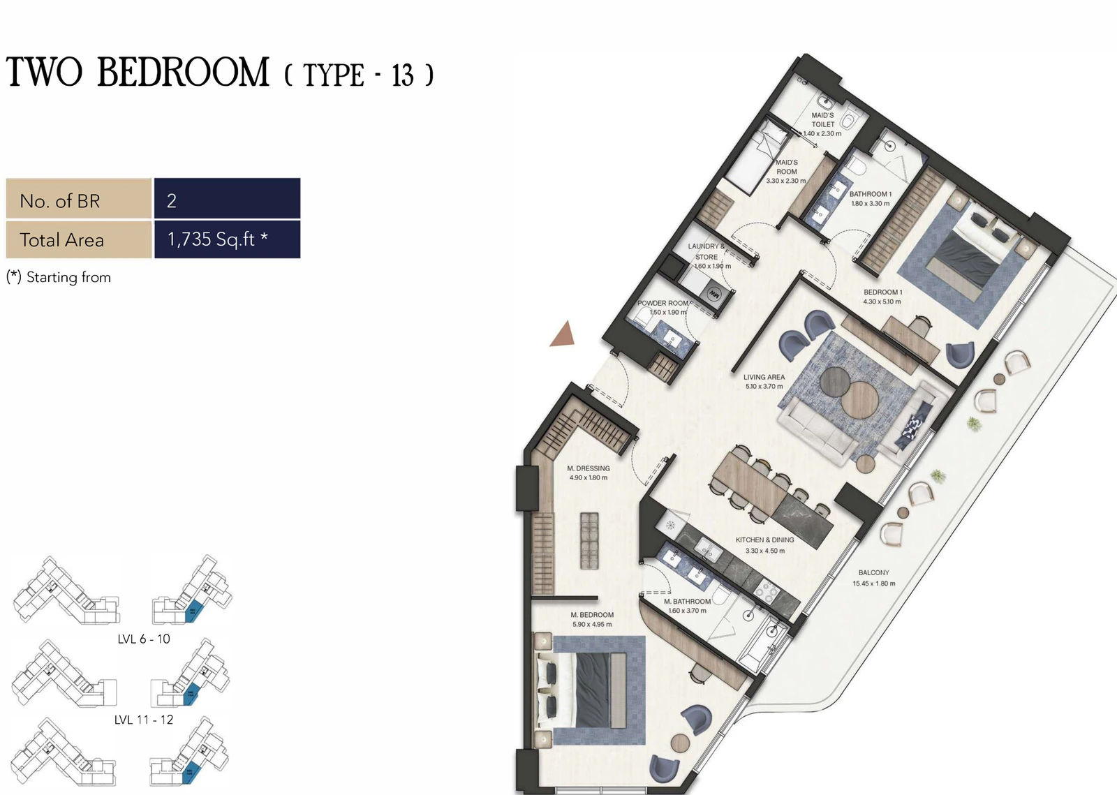 Seamont Autograph Collection Residences 2-bedroom Type 13 apartment floor plan, 1,735 sq ft.