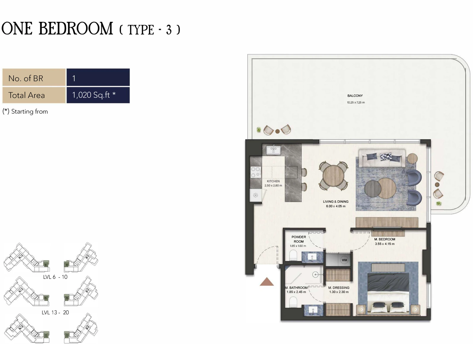 Seamont Autograph Collection Residences 1-bedroom Type 3 apartment floor plan, 1,020 sq ft.