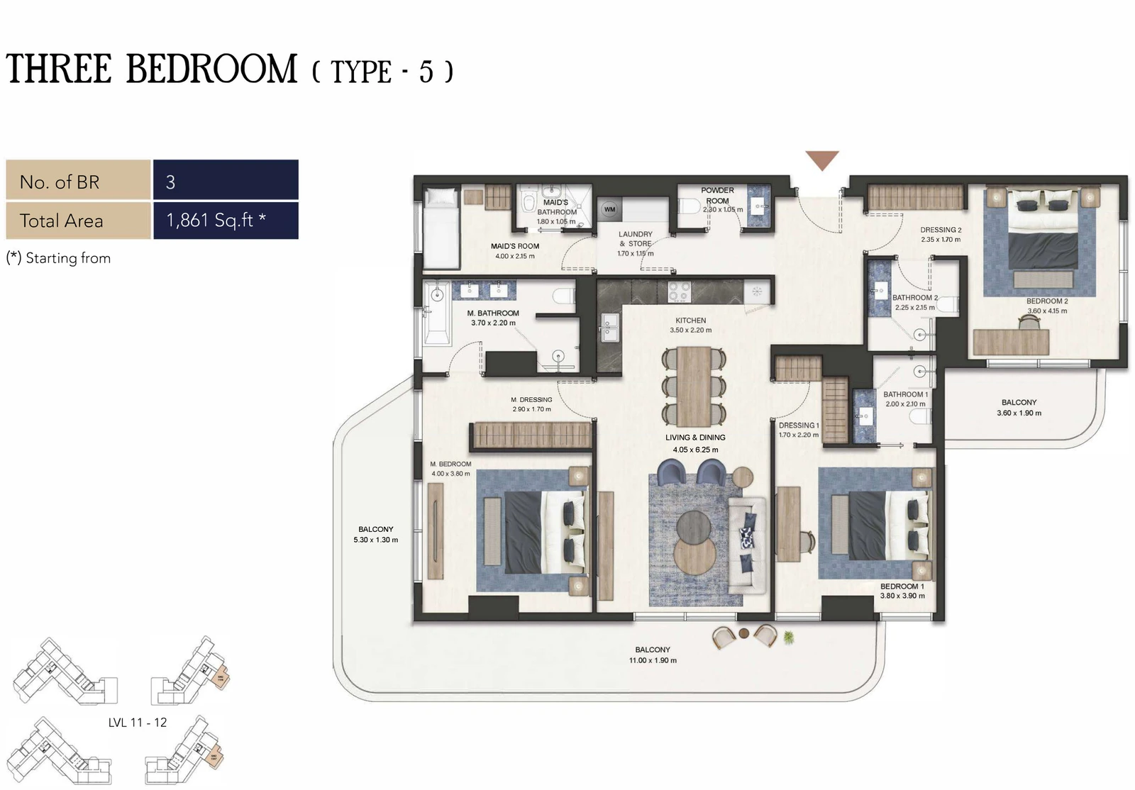 Seamont Autograph Collection Residences 3-bedroom Type 5 apartment floor plan, 1,861 sq ft.