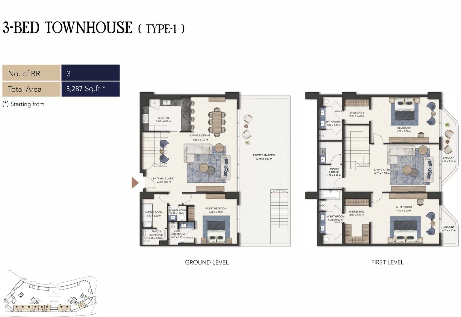 Seamont Autograph Collection Residences 3-bedroom Type 1 townhouse ground and first level floor plans, 3,287 sq ft.