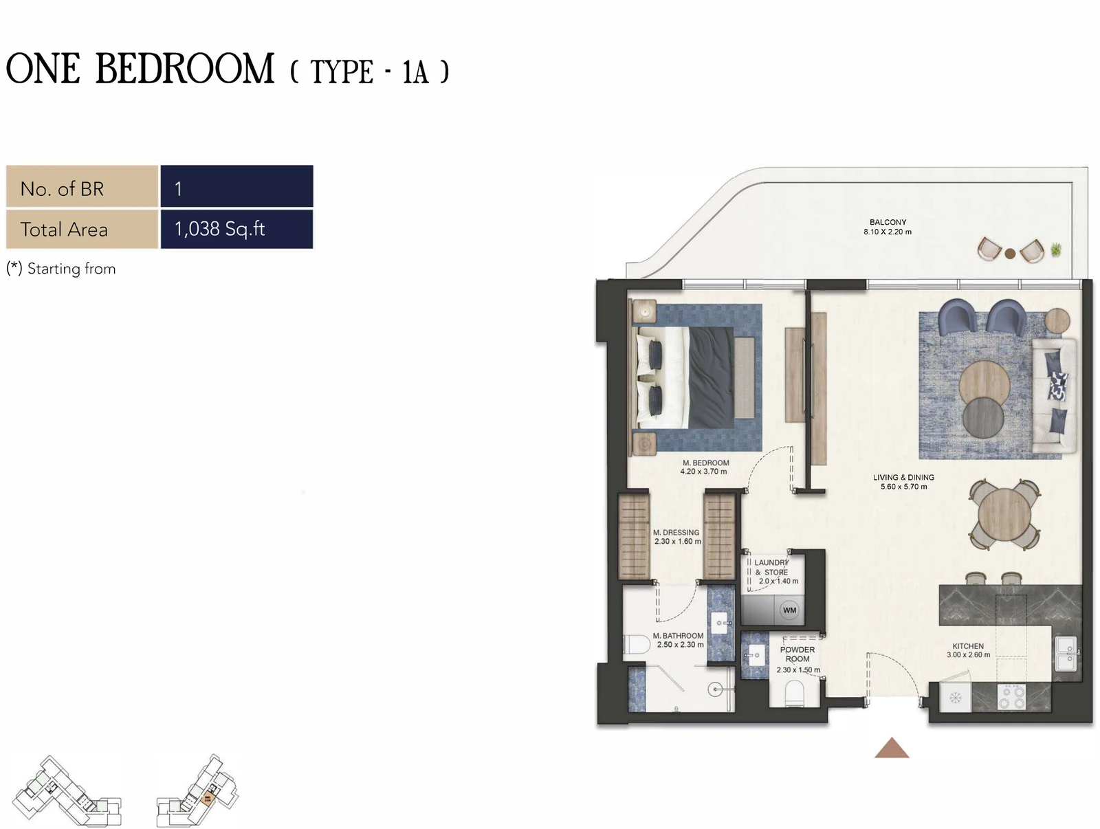 Seamont Autograph Collection Residences 1-bedroom Type 1A apartment floor plan, 1,038 sq ft.