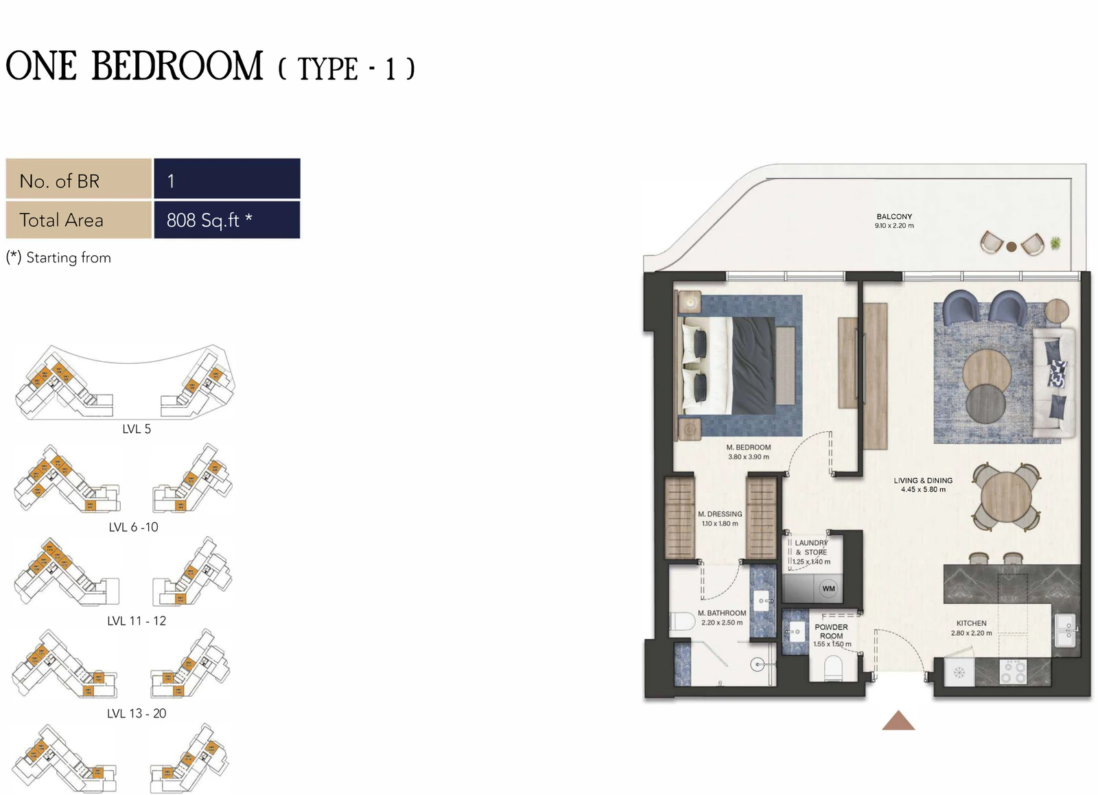 Seamont Autograph Collection Residences 1-bedroom Type 1 apartment floor plan, 808 sq ft.