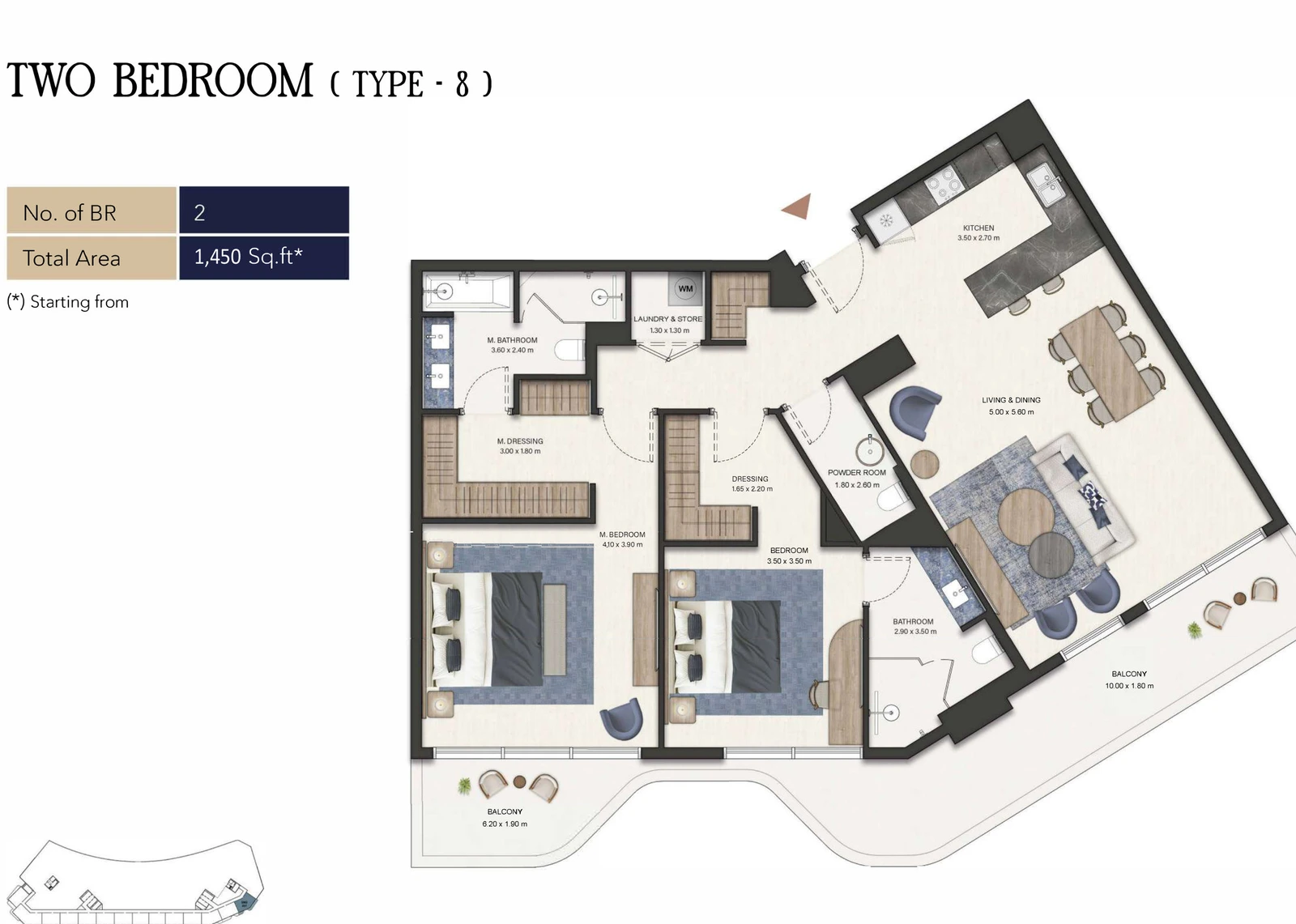 Seamont Autograph Collection Residences 2-bedroom Type 8 apartment floor plan, 1,450 sq ft.