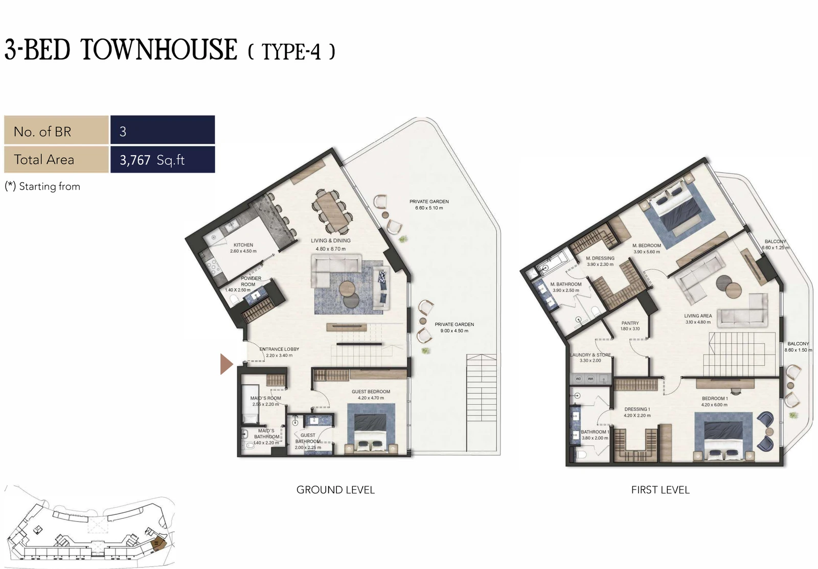 Seamont Autograph Collection Residences 3-bedroom Type 4 townhouse ground and first level floor plans, 3,767 sq ft.