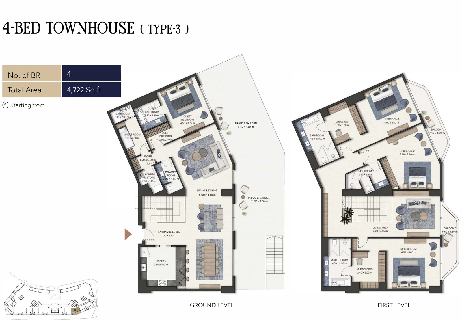 Seamont Autograph Collection Residences 4-bedroom Type 3 townhouse ground and first level floor plans, 4,722 sq ft.