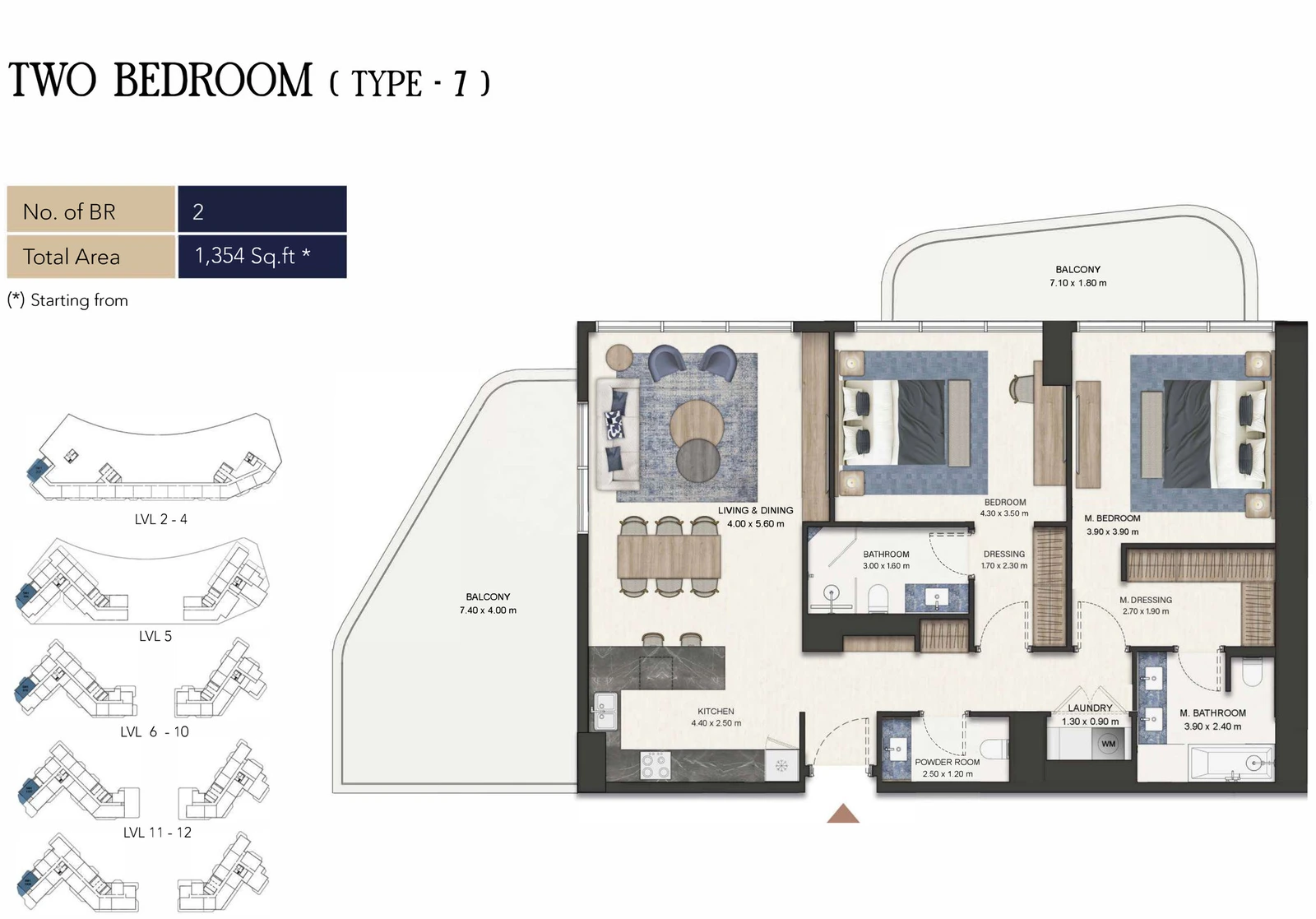 Seamont Autograph Collection Residences 2-bedroom Type 7 apartment floor plan, 1,354 sq ft.