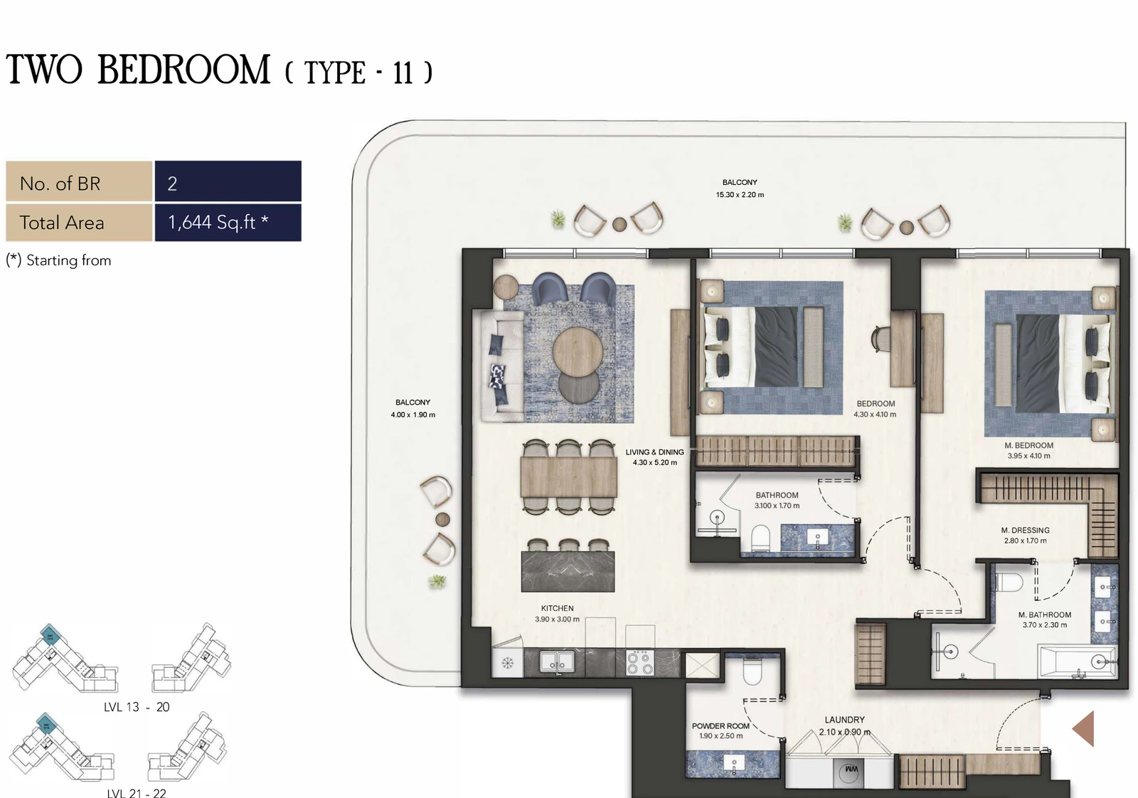 Seamont Autograph Collection Residences 2-bedroom Type 11 apartment floor plan, 1,644 sq ft.