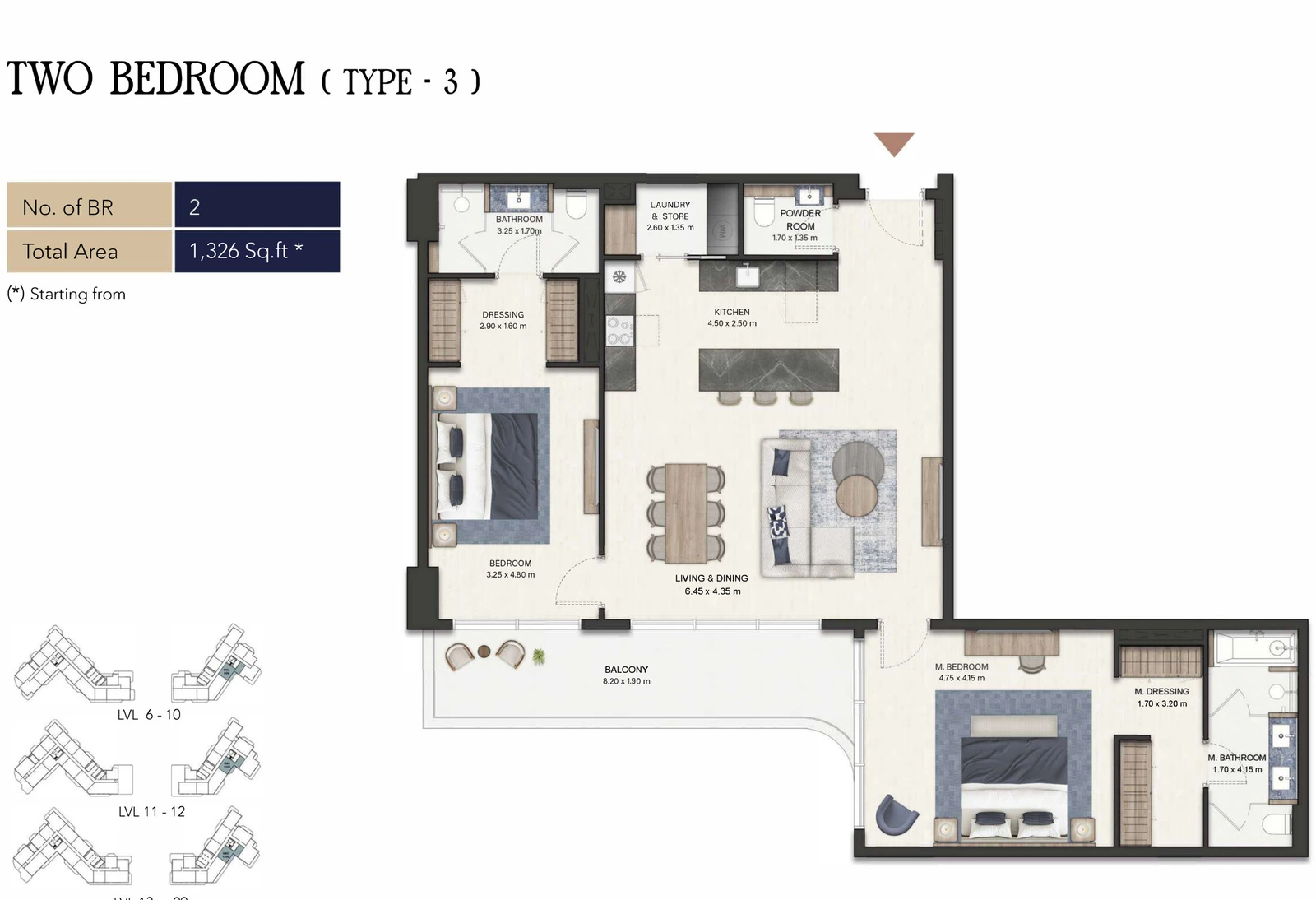Seamont Autograph Collection Residences 2-bedroom Type 3 apartment floor plan, 1,326 sq ft.