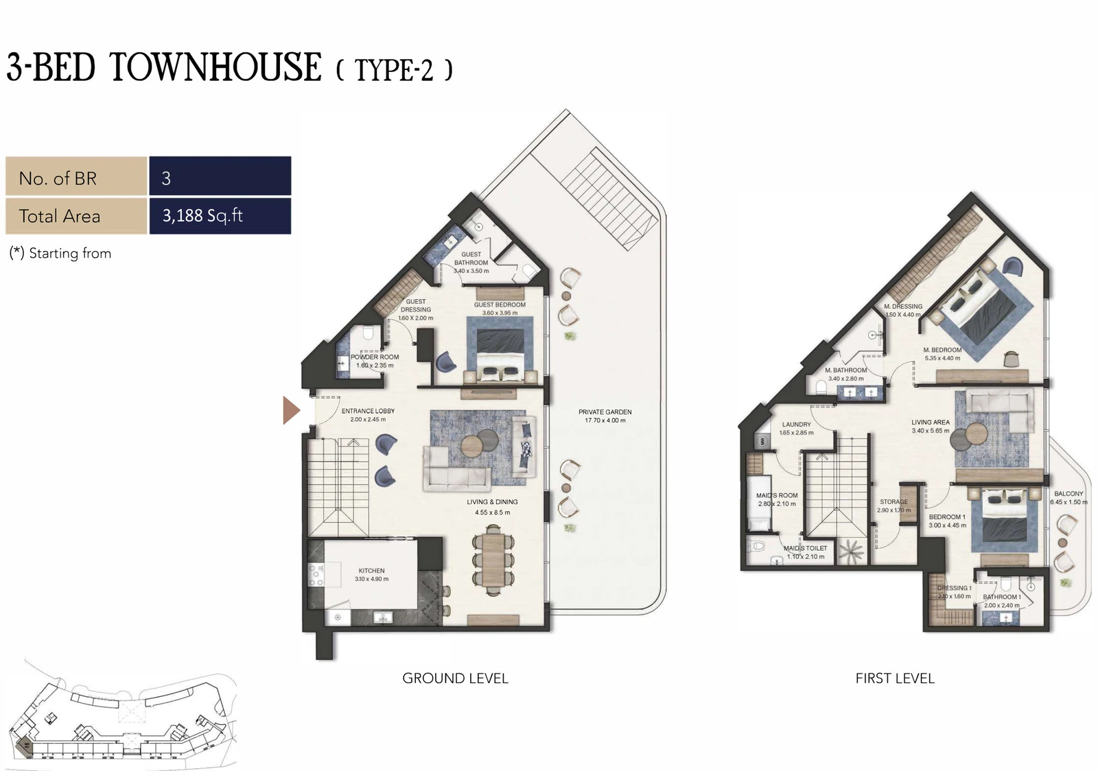 Seamont Autograph Collection Residences 3-bedroom Type 2 townhouse ground and first level floor plans, 3,188 sq ft.
