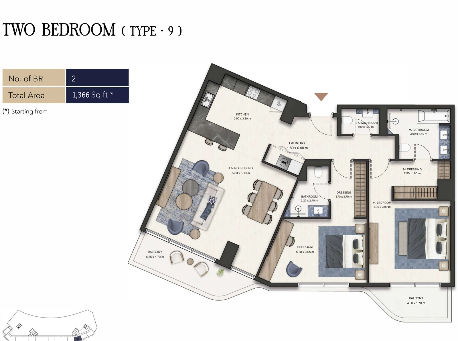 Seamont Autograph Collection Residences 2-bedroom Type 9 apartment floor plan, 1,366 sq ft.