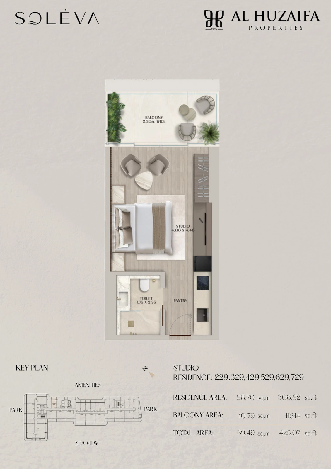 Soléva Beach Residences studio apartment floor plan, Stack 29 (Levels 2-7), residence(s) 229/329/429/529/629/729, 425.07 sq ft.