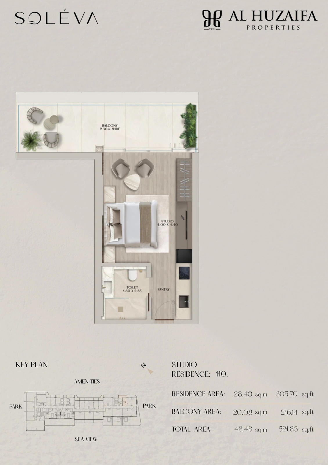 Soléva Beach Residences studio apartment floor plan, Residence 110, residence(s) 110, 521.83 sq ft.