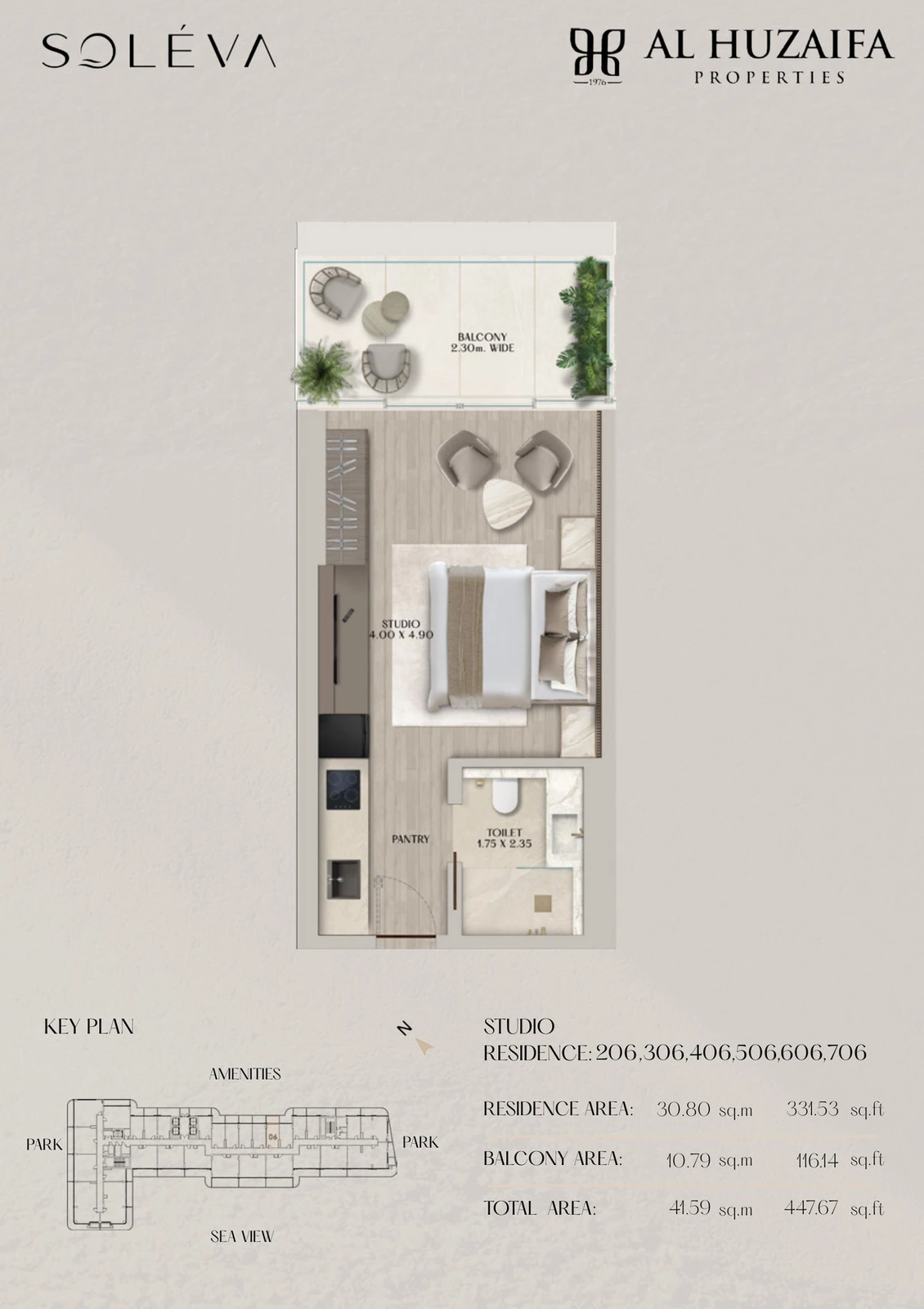 Soléva Beach Residences studio apartment floor plan, Stack 06 (Levels 2-7), residence(s) 206/306/406/506/606/706, 447.67 sq ft.