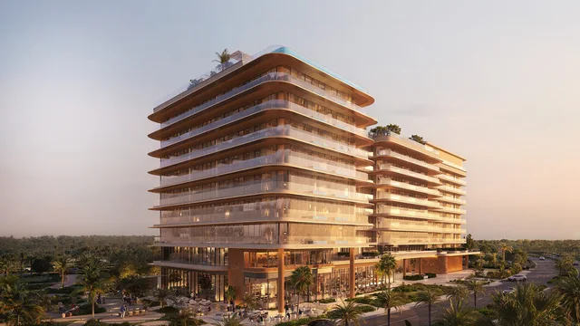Soléva Beach Residences exterior on Al Marjan Island at sunset