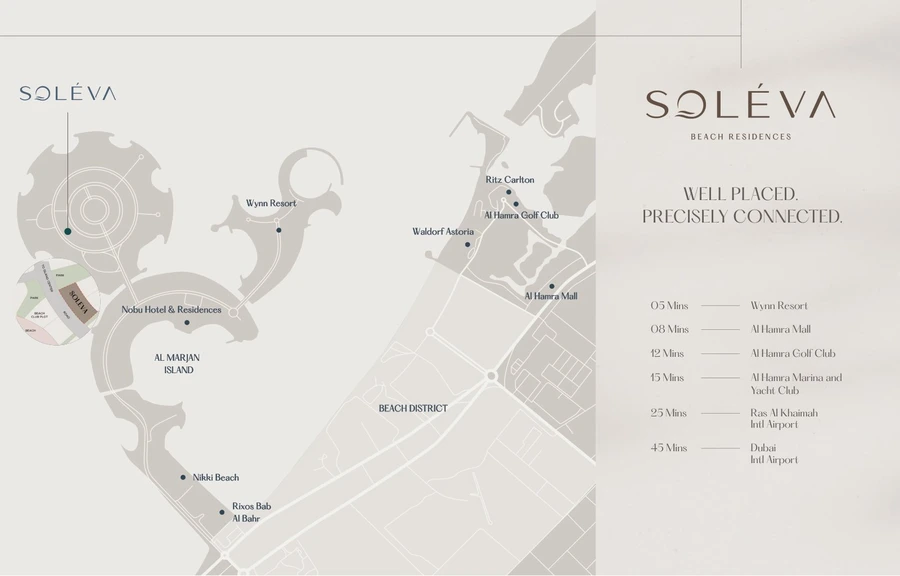 Al Marjan Island location map for Soléva Beach Residences with nearby destinations and drive times