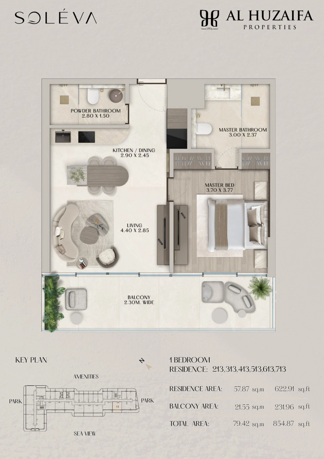 Soléva Beach Residences 1 bedroom apartment floor plan, Stack 13 (Levels 2-7), residence(s) 213/313/413/513/613/713, 854.87 sq ft.