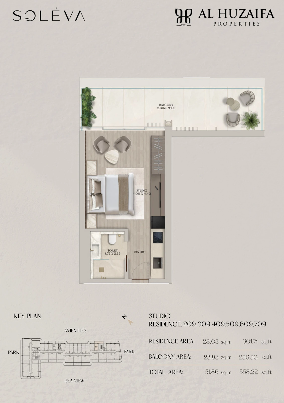 Soléva Beach Residences studio apartment floor plan, Stack 09 (Levels 2-7), residence(s) 209/309/409/509/609/709, 558.22 sq ft.