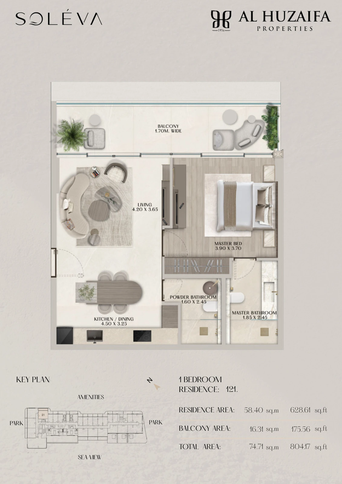 Soléva Beach Residences 1 bedroom apartment floor plan, Residence 121, residence(s) 121, 804.17 sq ft.