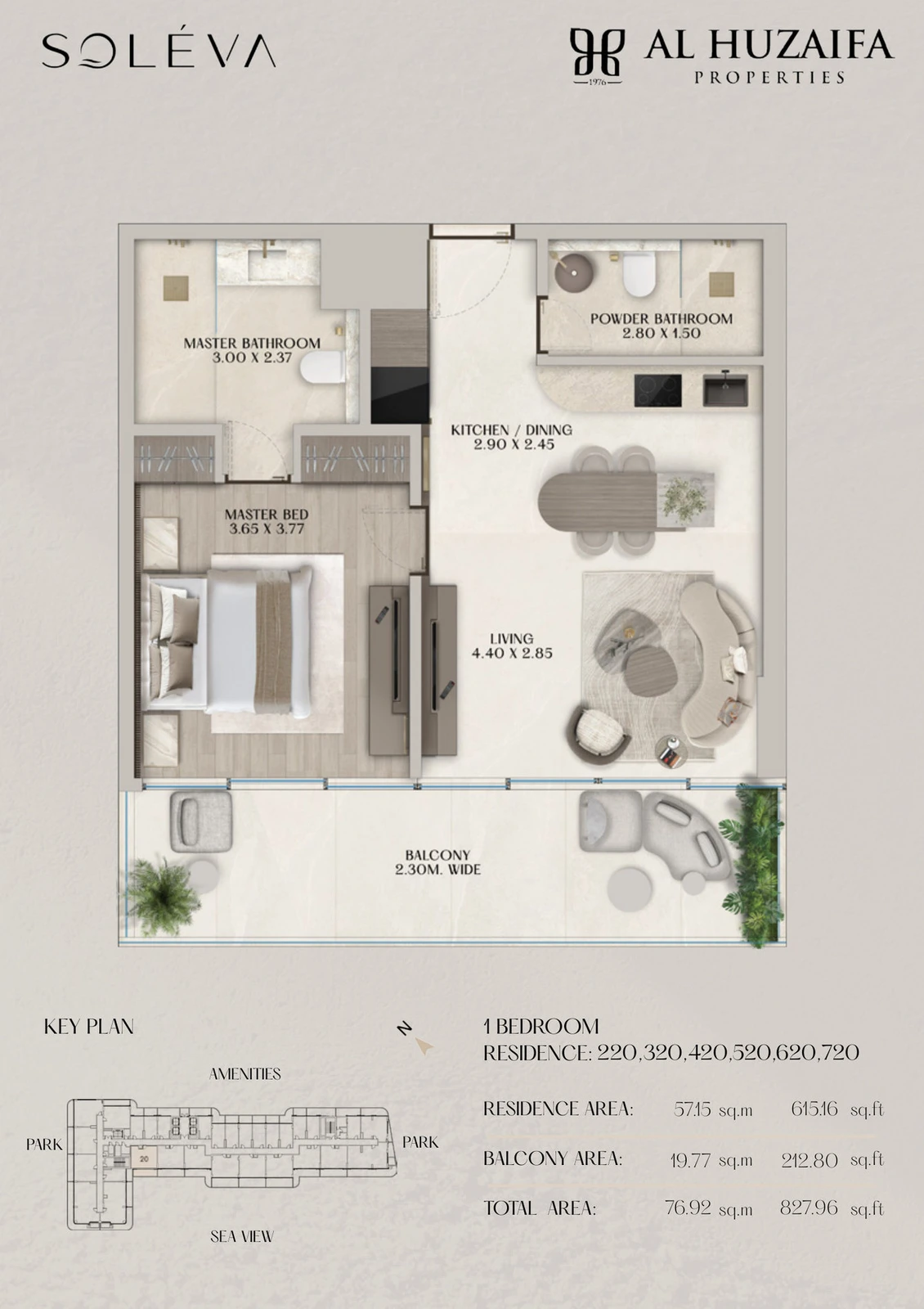 Soléva Beach Residences 1 bedroom apartment floor plan, Stack 20 (Levels 2-7), residence(s) 220/320/420/520/620/720, 827.96 sq ft.