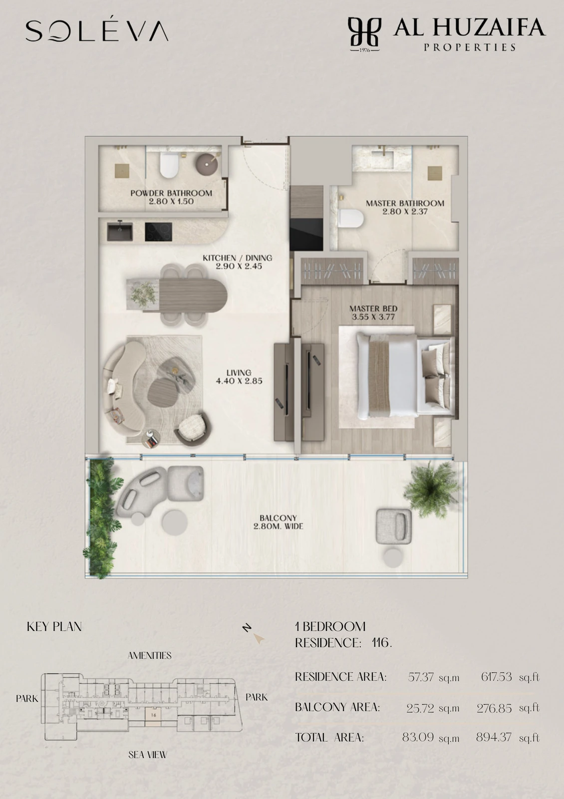Soléva Beach Residences 1 bedroom apartment floor plan, Residence 116, residence(s) 116, 894.37 sq ft.