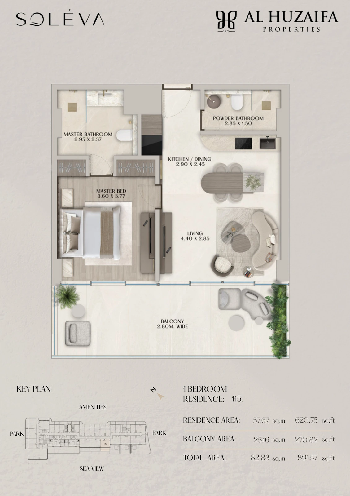 Soléva Beach Residences 1 bedroom apartment floor plan, Residence 115, residence(s) 115, 891.57 sq ft.