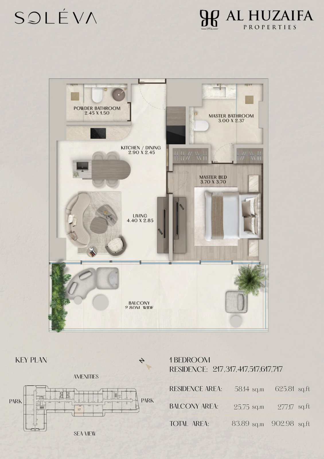 Soléva Beach Residences 1 bedroom apartment floor plan, Stack 17 (Levels 2-7), residence(s) 217/317/417/517/617/717, 902.98 sq ft.