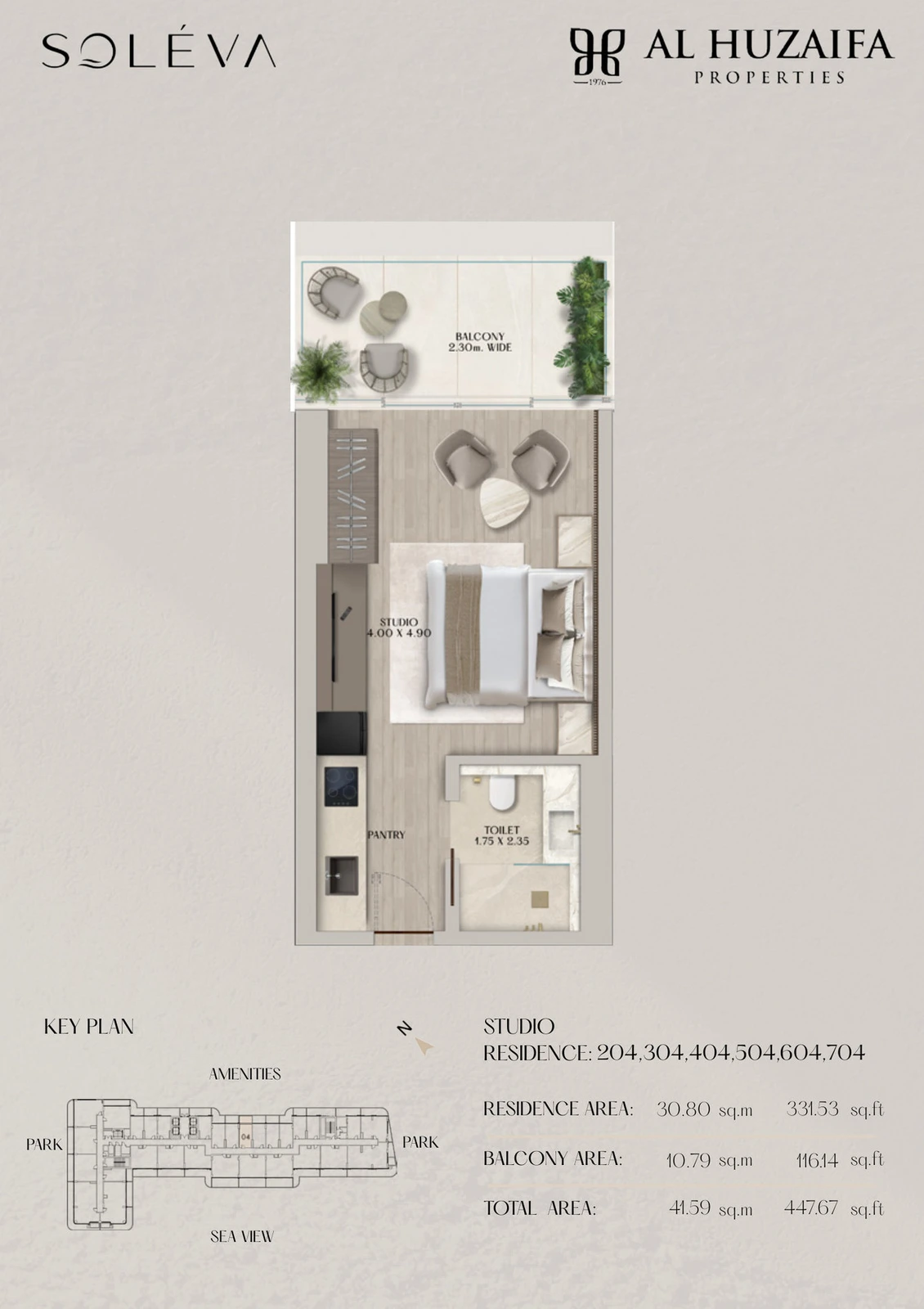 Soléva Beach Residences studio apartment floor plan, Stack 04 (Levels 2-7), residence(s) 204/304/404/504/604/704, 447.67 sq ft.