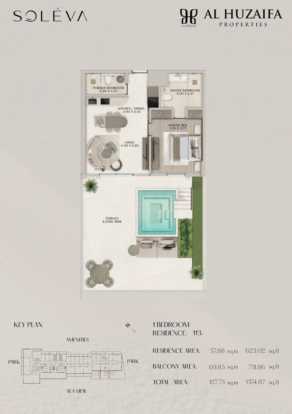 Soléva Beach Residences 1 bedroom apartment floor plan, Residence 113, residence(s) 113, 1,374.87 sq ft.