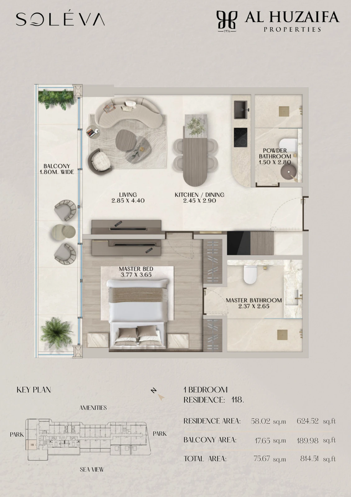 Soléva Beach Residences 1 bedroom apartment floor plan, Residence 118, residence(s) 118, 814.51 sq ft.