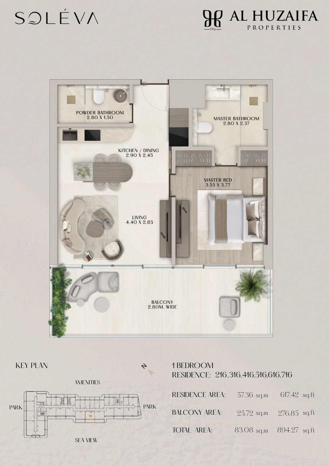 Soléva Beach Residences 1 bedroom apartment floor plan, Stack 16 (Levels 2-7), residence(s) 216/316/416/516/616/716, 894.27 sq ft.