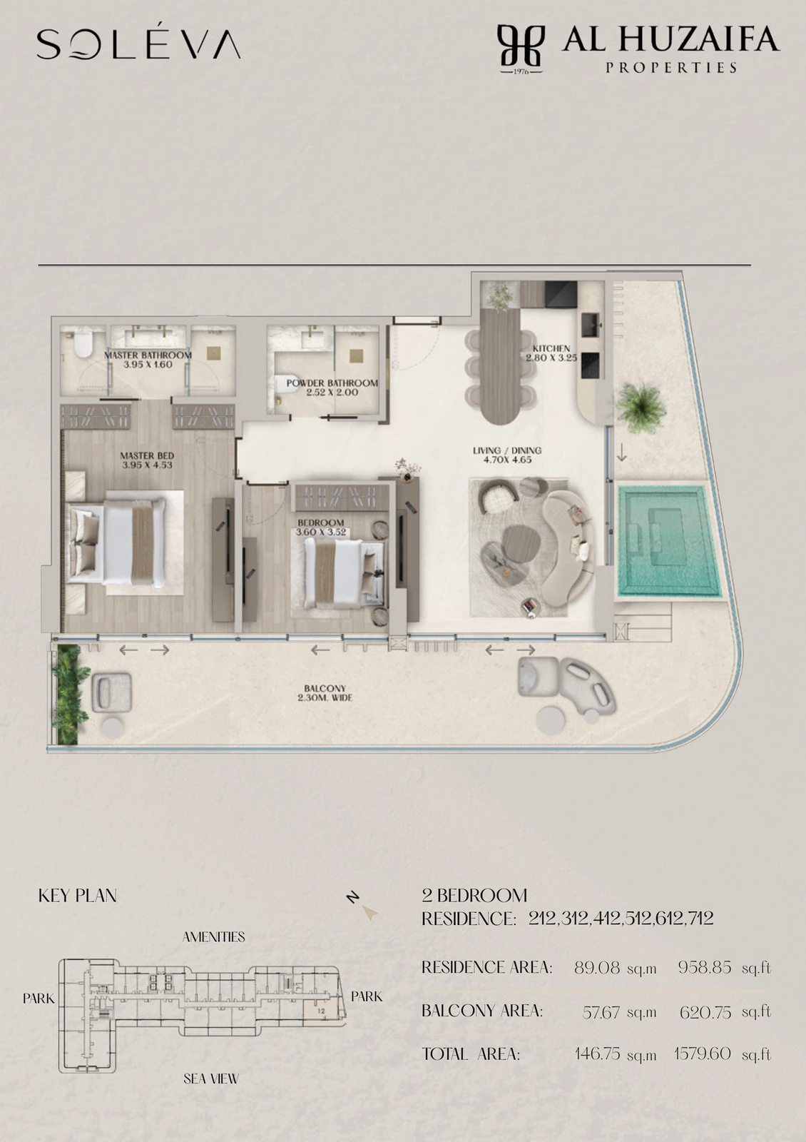 Soléva Beach Residences 2 bedroom apartment floor plan, Stack 12 (Levels 2-7), residence(s) 212/312/412/512/612/712, 1,579.60 sq ft.
