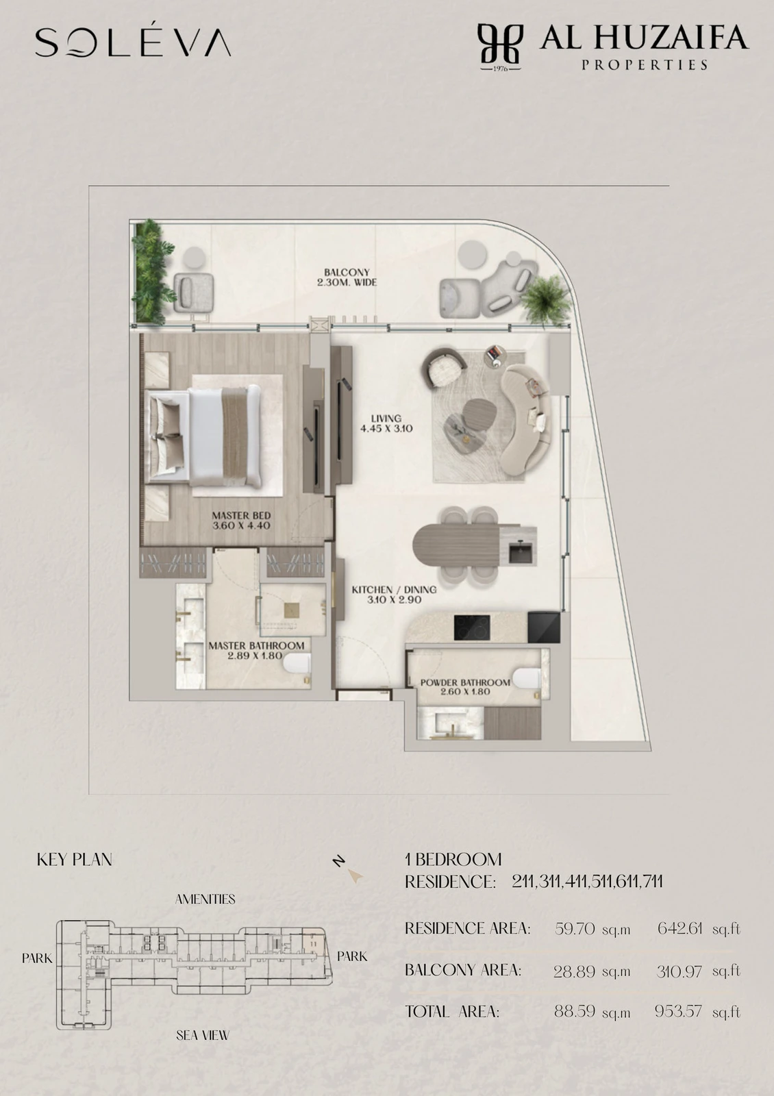 Soléva Beach Residences 1 bedroom apartment floor plan, Stack 11 (Levels 2-7), residence(s) 211/311/411/511/611/711, 953.57 sq ft.