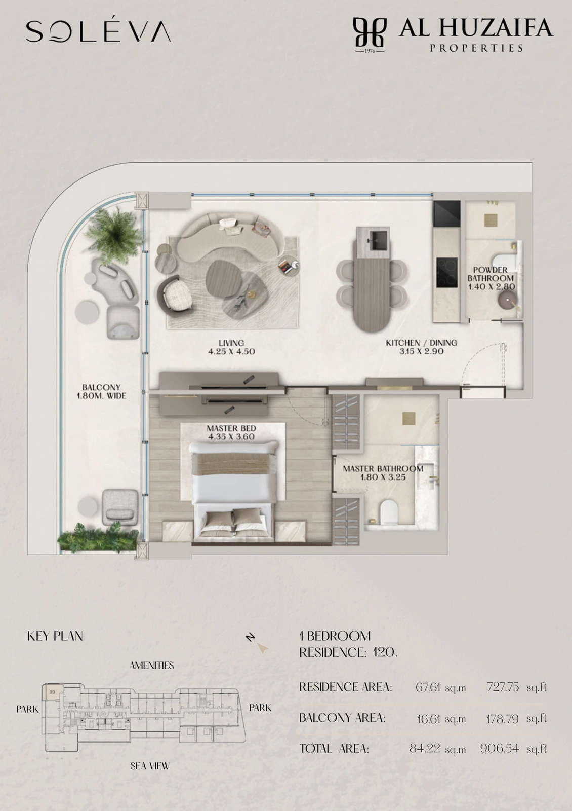 Soléva Beach Residences 1 bedroom apartment floor plan, Residence 120, residence(s) 120, 906.54 sq ft.