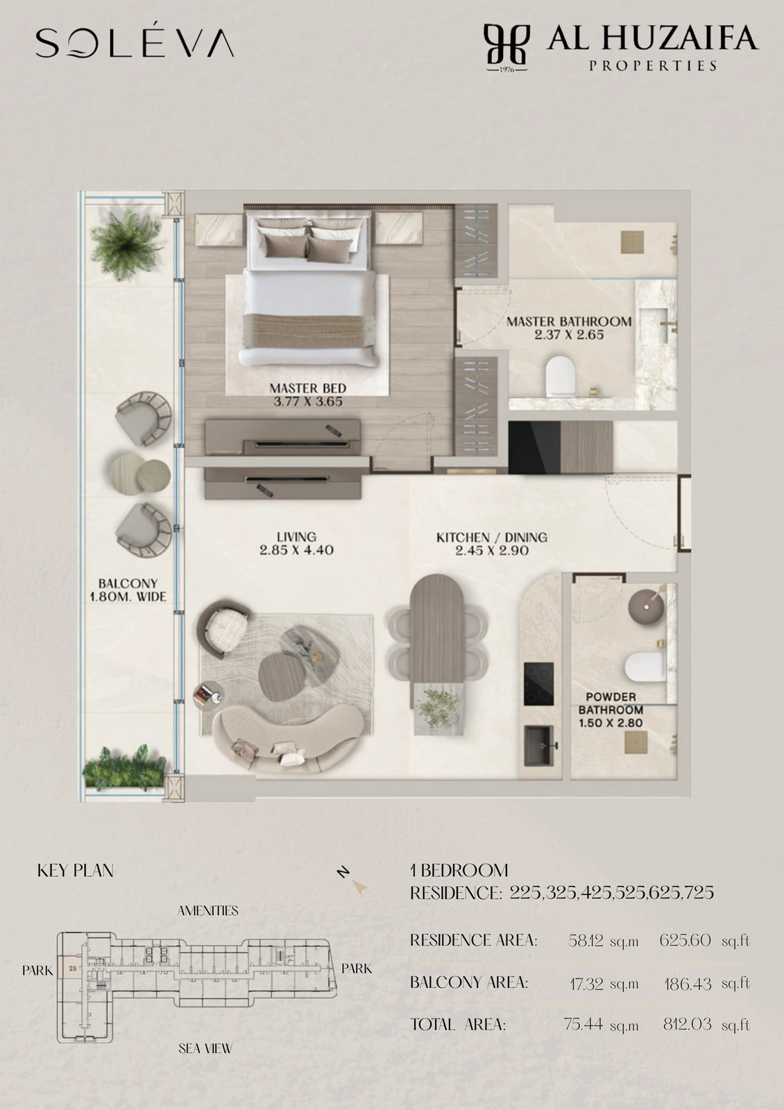 Soléva Beach Residences 1 bedroom apartment floor plan, Stack 25 (Levels 2-7), residence(s) 225/325/425/525/625/725, 812.03 sq ft.