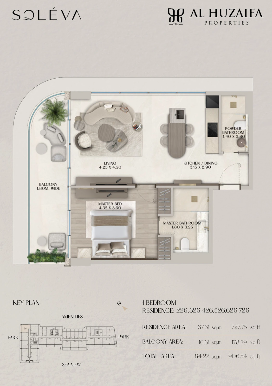 Soléva Beach Residences 1 bedroom apartment floor plan, Stack 26 (Levels 2-7), residence(s) 226/326/426/526/626/726, 906.54 sq ft.