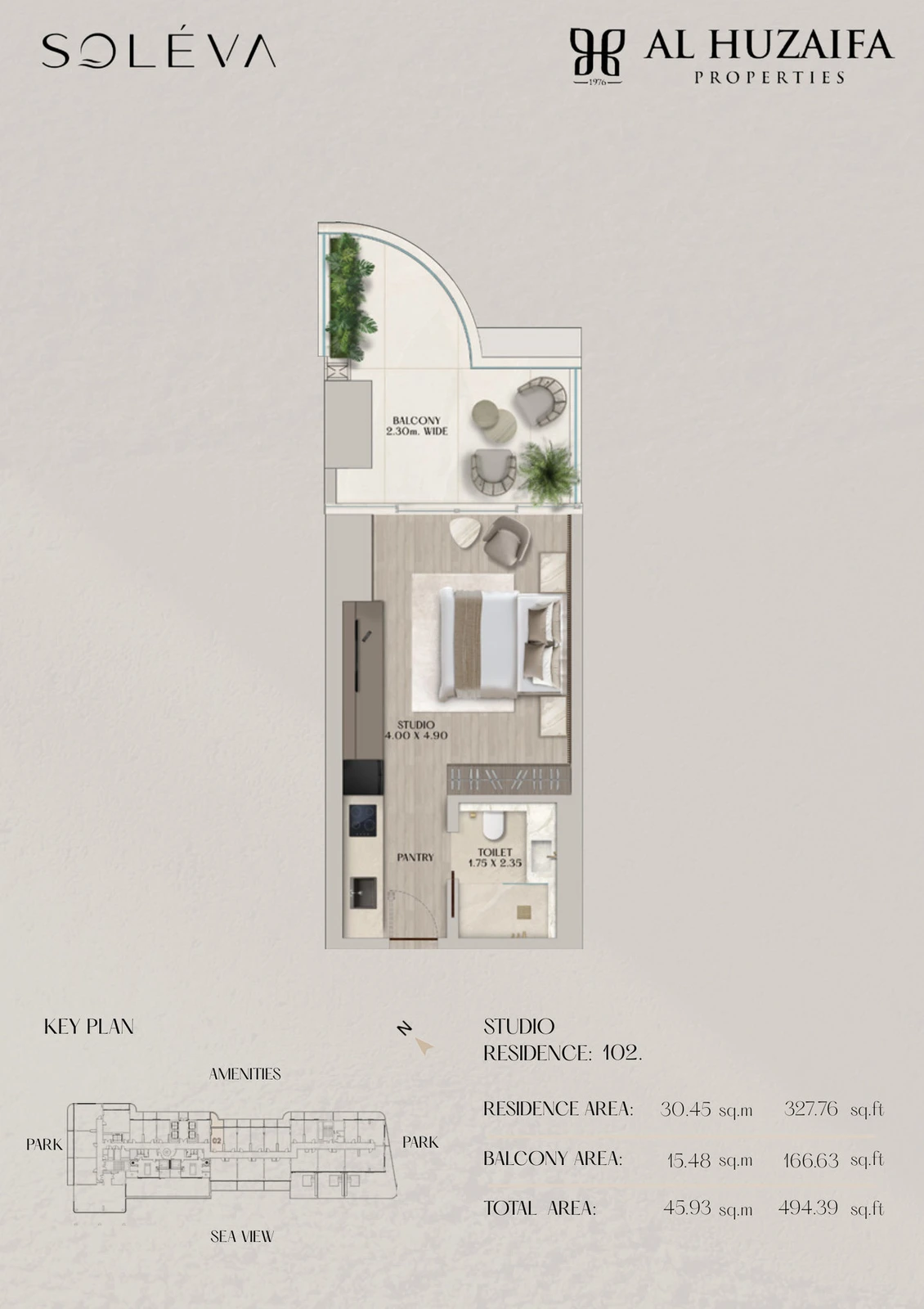 Soléva Beach Residences studio apartment floor plan, Residence 102, residence(s) 102, 494.39 sq ft.