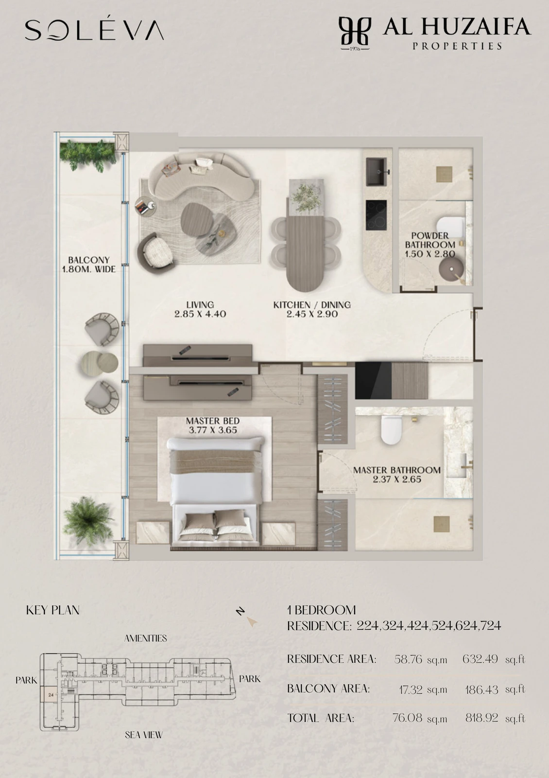 Soléva Beach Residences 1 bedroom apartment floor plan, Stack 24 (Levels 2-7), residence(s) 224/324/424/524/624/724, 818.92 sq ft.
