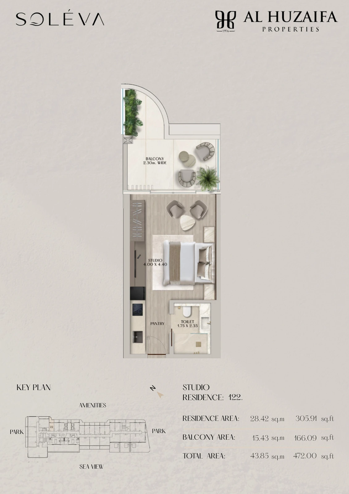 Soléva Beach Residences studio apartment floor plan, Residence 122, residence(s) 122, 472.00 sq ft.
