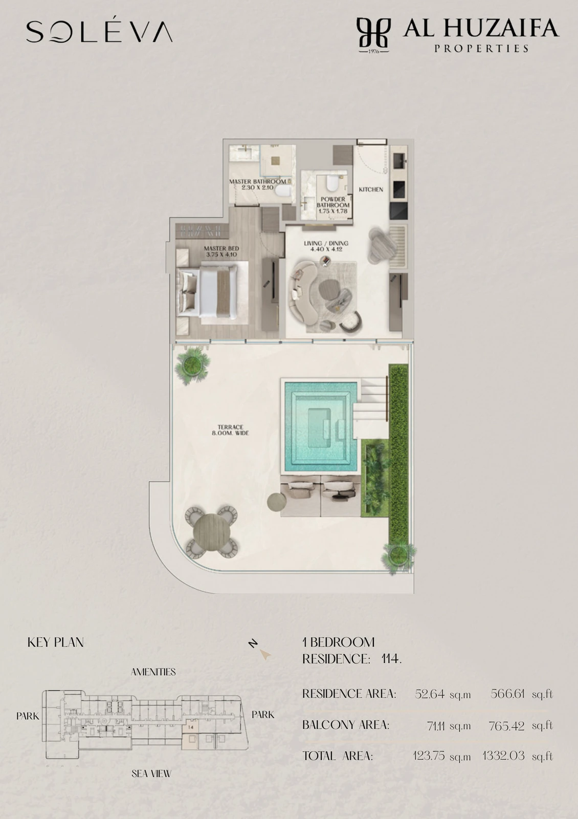 Soléva Beach Residences 1 bedroom apartment floor plan, Residence 114, residence(s) 114, 1,332.03 sq ft.