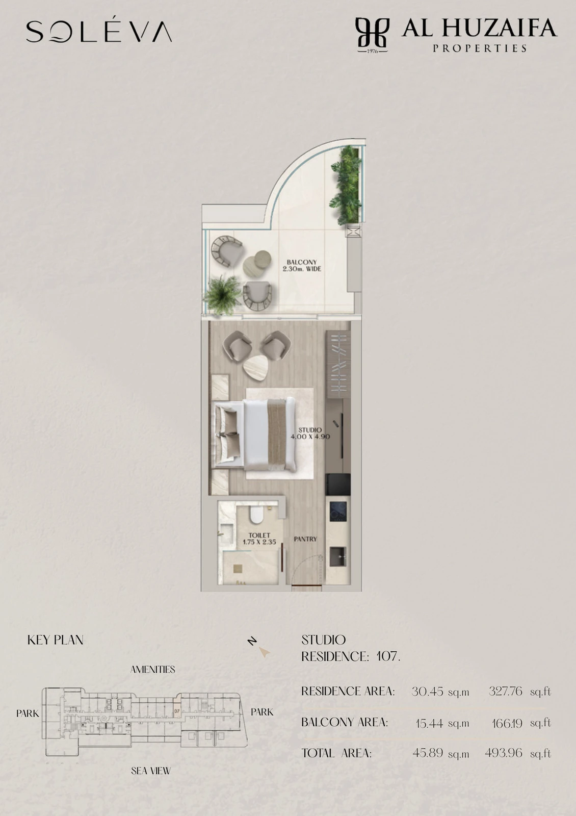 Soléva Beach Residences studio apartment floor plan, Residence 107, residence(s) 107, 493.96 sq ft.