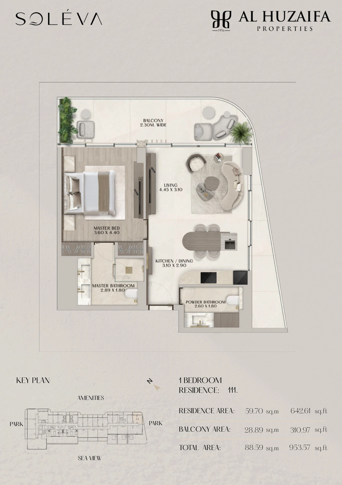 Soléva Beach Residences 1 bedroom apartment floor plan, Residence 111, residence(s) 111, 953.57 sq ft.