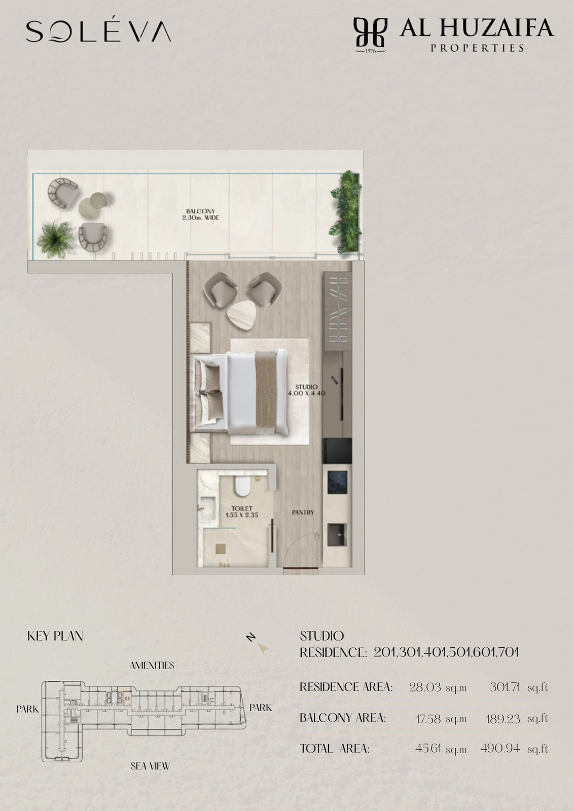 Soléva Beach Residences studio apartment floor plan, Stack 01 (Levels 2-7), residence(s) 201/301/401/501/601/701, 490.94 sq ft.
