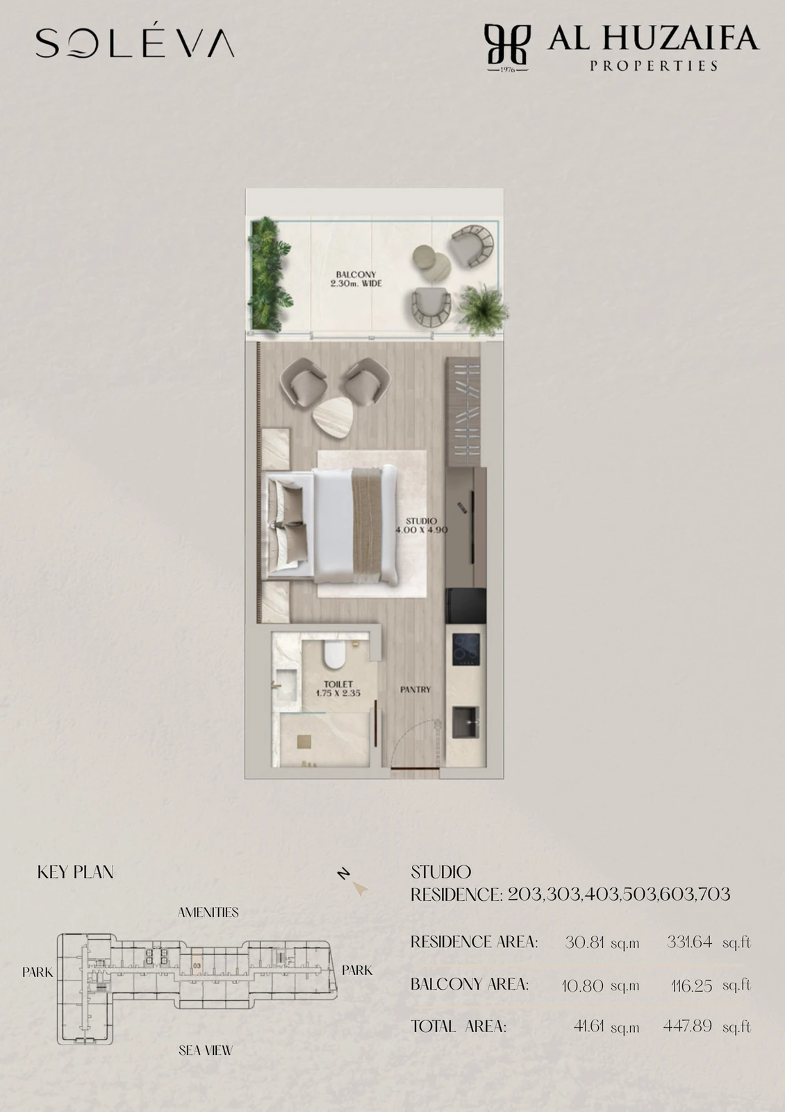 Soléva Beach Residences studio apartment floor plan, Stack 03 (Levels 2-7), residence(s) 203/303/403/503/603/703, 447.89 sq ft.