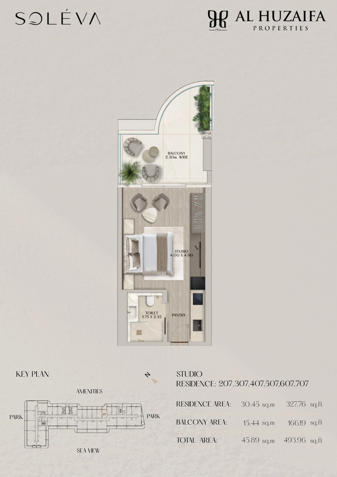 Soléva Beach Residences studio apartment floor plan, Stack 07 (Levels 2-7), residence(s) 207/307/407/507/607/707, 493.96 sq ft.