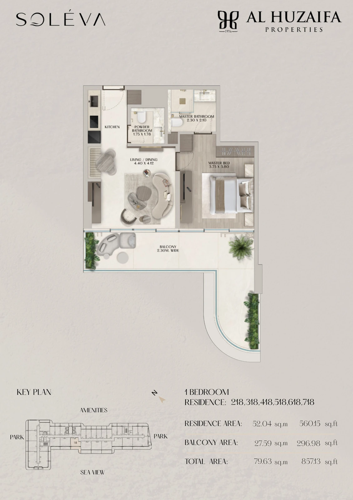 Soléva Beach Residences 1 bedroom apartment floor plan, Stack 18 (Levels 2-7), residence(s) 218/318/418/518/618/718, 857.13 sq ft.