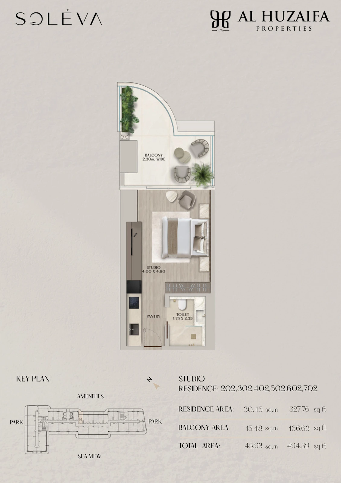 Soléva Beach Residences studio apartment floor plan, Stack 02 (Levels 2-7), residence(s) 202/302/402/502/602/702, 494.39 sq ft.