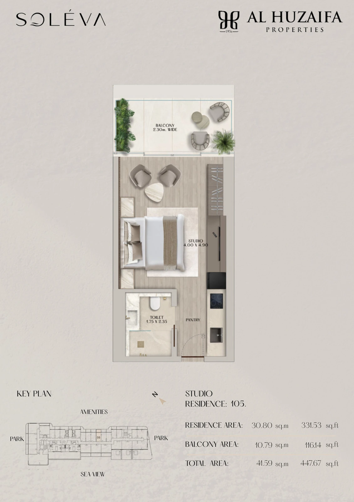 Soléva Beach Residences studio apartment floor plan, Residence 105, residence(s) 105, 447.67 sq ft.