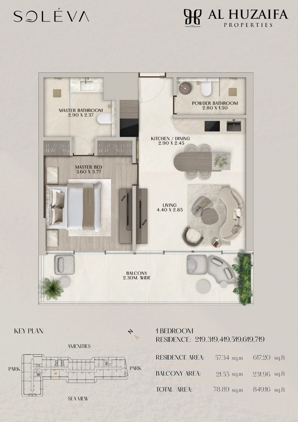 Soléva Beach Residences 1 bedroom apartment floor plan, Stack 19 (Levels 2-7), residence(s) 219/319/419/519/619/719, 849.16 sq ft.